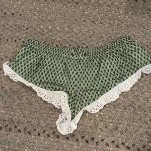 Anthropologie Green Floral Lace-Trim Sleep Shorts